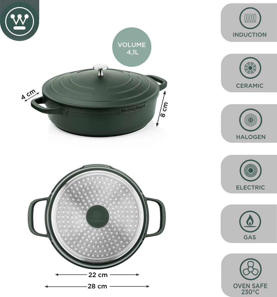 Westinghouse Performance Series - Hapjespan Inductie Met Deksel - 28cm Sauteerpan - Oven Geschikt - Groen 6 Westinghouse Performance Series - Hapjespan Inductie Met Deksel - 28cm Sauteerpan - Oven Geschikt - Groen - Afbeelding 4