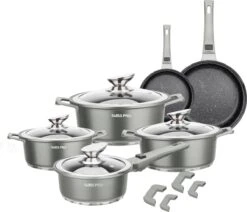 Swiss Pro+ | Set 14 Delige Pannenset | Inductie - Pannensets - Glazen Deksel - Met Afneembare Handgreep - Marmeren Interieur -PFAS-vrij | Grey / Silver -Pot Kortingswinkel 1200x1032 3
