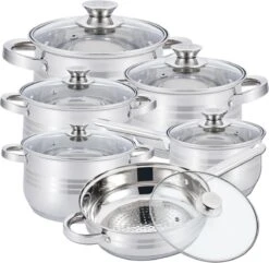 Herzberg Pannenset – 12-Delig – Voor Inductie En Gas – Vaatwasser Bestendig – RVS Met Glazen Deksels
