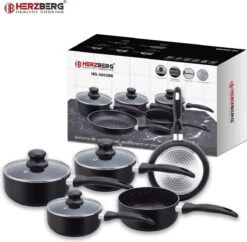 Herzberg HG-5003BK: 8 Pieces Marble Cookware Set - Black -Pot Kortingswinkel 1200x1175 1