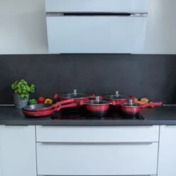 Herenthal Pannenset Inductie - Luxe 10-delige Koekenpan Inductie - Voor Alle Warmtebronnen - Pannen Met Glazen Deksels En Koudgrepen - Rood / Zwart- 6 Pannen -Pot Kortingswinkel 1200x1200 155