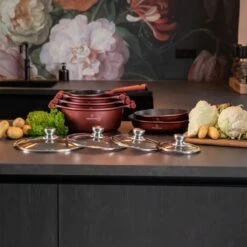 Herenthal Pannenset Inductie - Luxe 10-delige Koekenpan Inductie - Voor Alle Warmtebronnen - Pannen Met Glazen Deksels En Koudgrepen - Burgundy -Pot Kortingswinkel 1200x1200 42