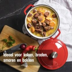 Daumonet Carême Rouge Gietijzeren Braadpan - Sudderpan Kersen Rood - Rond - Ø26 Cm - 4,4 Liter - PFAS & PFOA Vrij - Emaille - Geschikt Voor Alle Warmtebronnen - Elektrisch - Gas - Halogeen - Inductie - Keramisch - Vaatwasserbestendig -Pot Kortingswinkel 1200x1200 698