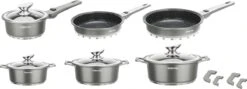 Swiss Pro+ | Set 14 Delige Pannenset | Inductie - Pannensets - Glazen Deksel - Met Afneembare Handgreep - Marmeren Interieur -PFAS-vrij | Grey / Silver -Pot Kortingswinkel 1200x430 1