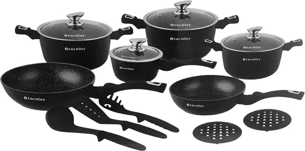 Pannenset - Kookpan - Inductie - 15 Delig Marmeren Coating - Zwart 3 Pannenset - Kookpan - Inductie - 15 Delig Marmeren Coating - Zwart