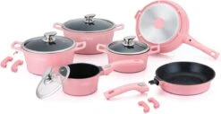 Royalty Line Inductie Pannenset - Luxe 14-delige Pannenset Marmeren Coating - Pannen Met Afneembare Handvaten - Oven-Ready - PFAS-Vrij - Voor Alle Warmtebronnen - Afneembare Koudgrepen - Antiaanbaklaag - Koekenpan Met Glazen Deksels - Roze