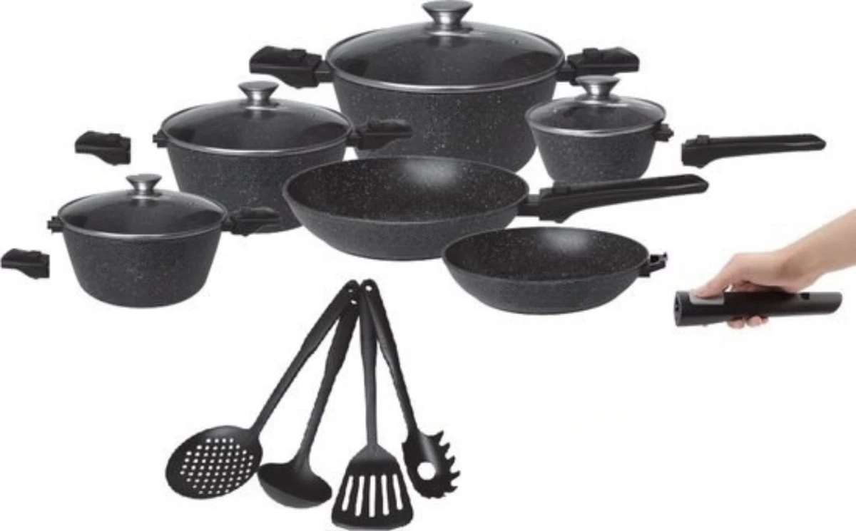 Luxe 14 Delige Pannen Set Met Afneembare Handgreep - Koken - Inductie 3 Luxe 14 Delige Pannen Set Met Afneembare Handgreep - Koken - Inductie